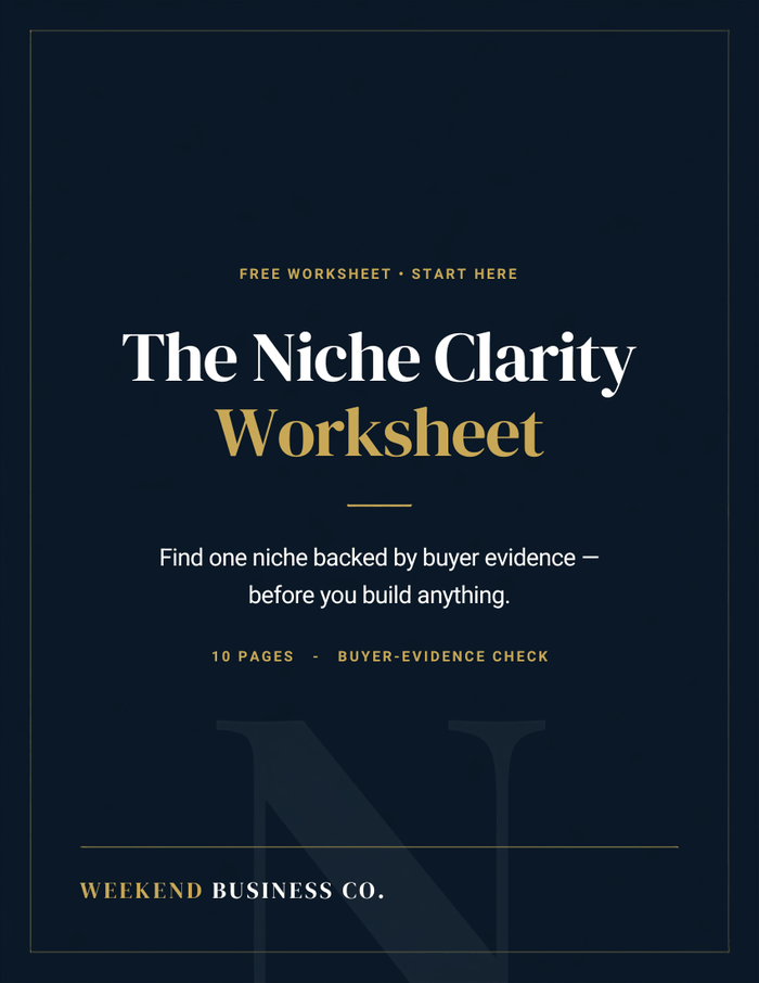 The Niche Clarity Worksheet — navy cover with gold serif title